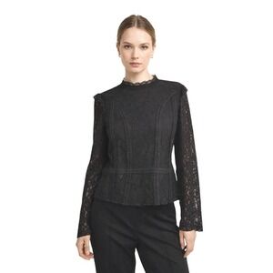 ZARA‎ Black Lace Mock Neck Long Sleeve Blouse Top L Soft Femininity Goth 79-69